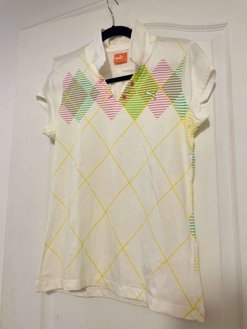 Puma White Polo Top with Pastel Argyle Diamonds